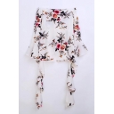 Boat Neck Flared Sleeve Floral Printed Ribbons Side Pullover Blouse