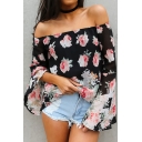 Sexy Off the Shoulder Floral Printed Bell Long Sleeve Chiffon Blouse