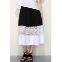 Color Block Lace Hollow Out Chic Midi Skirt