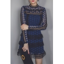 New Sexy Hollow Out Mock Neck Long Sleeve Mini Lace PatchworkTiered Dress