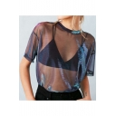 Summer's New Collection Round Neck Short Sleeve Sheer Mesh Metal Color T-Shirt