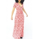 Plunge Neck Short Sleeve Floral Printed Sexy Maxi Beach Holiday Dress