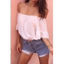 Sexy Women's Off the Shoulder Half Sleeve Loose Cropped Plain Blouse
