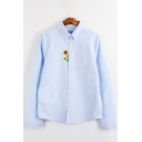 Cartoon Sunflower Embroidered Lapel Collar Long Sleeve Buttons Down Shirt
