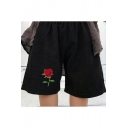 Retro Rose Embroidered Elastic Waist Leisure Sports Shorts with Pockets
