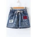 Drawstring Elastic Waist Letter Patched Embroidered Loose Casual Denim Shorts