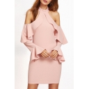 New Fashion Ruffle Hem Round Neck Long Sleeve Cold Shoulder Plain Mini Pencil Dress