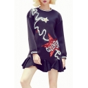 Street Style Round Neck Long Sleeve Ruffle Hem Star Sequined Printed Mini Dress