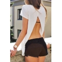 Women's Sexy Split Back Short Sleeve Round Neck Plain Tee