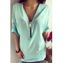 Summer New Arrival Zip Fly Half Sleeve Lace Inserted Back Pullover Blouse