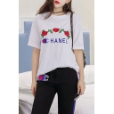 Letter Floral Printed Round Neck Short Sleeve Basic Leisure T-Shirt