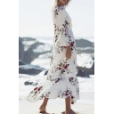 Leisure Floral Printed Bell 3/4 Length Sleeve Ruffle Hem Maxi Wrap Dress