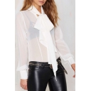 Sexy See Through Sheer Long Sleeve Tied Neck Plain High Low Hem Top