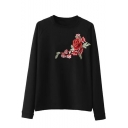 Retro Floral Embroidered Round Neck Long Sleeve Pullover Sweatshirt