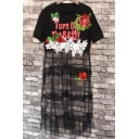 Chic Beading Sequined Floral Sheer Mesh Patched Round Neck Short Sleeve T-Shirt Dress