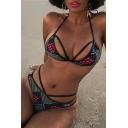 New Sexy Halter Neck Striped Printed String Side Bottom Bikini Swimwear
