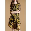Glamorous Layered Hem Half Sleeve Color Block Printed Asymmetric Dress