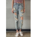 Boyfriend Style Casual Leisure Plain Cut Out Ripped Jeans