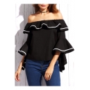 Sexy Off the Shoulder Bell half Sleeve Ruffle Front Plain Blouse Top