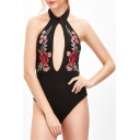 Round Neck Open Back Hollow Out Front Floral Embroidered Chic Bodysuit