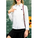 Cotton Cat Embroidered Lapel Collar Long Sleeve Basic Buttons Down Shirt with Single Pocket