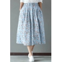 Vintage Floral Printed Elastic Waist Midi Tea Skirt with Pockets