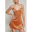 Lace Inserted Spaghetti Straps A-Line Plain Mini Velvet Slip Dress