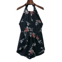 Halter Neck Open Back Bow Back Floral Printed Casual Rompers