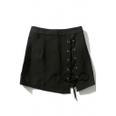 Women's Grommet Lace-Up Zip Back Plain Mini Skirt