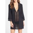 Sexy Women's Lace Crochet Fronted Plunge V-Neck 3/4 Length Sleeve Plain Tunic Shirt
