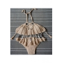 Hand Knitting Retro Crochet Hollow Out Halter Neck Tassel Design Bikini Swimwear