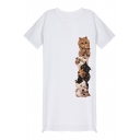 Cartoon Cat Printed Round Neck Short Sleeve Midi T-Shirt Dress
