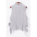 Fashion Turtle Neck Sleeveless Tied Sides Plain Pullover Sweater