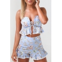 Sexy Lace-Up Front Spaghetti Straps Ruffle Cami Floral Printed Shorts Co-ords