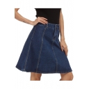 Contrast Stitching A-Line Midi Denim Skirt