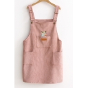 Cartoon Fox Embroidered Corduroy Mini Overall Dress with Pockets