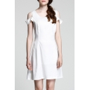Round Neck Cold Shoulder V Back Beading Design Plain A-Line Mini Dress