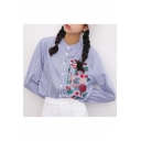 Floral Bird Embroidered Long Sleeve Striped Printed Buttons Down Shirt