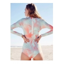 Fashion Zipper Back Long Sleeve Printed Color Block One-Piece Swimwear