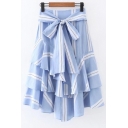 Fresh Striped Color Block Multi-Layered Ruffle Zip Side Belt Waist Maxi Skirt