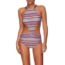 New Arrival Halter Neck Cut Out Waist Tribal Printed One Piece Swimwear
