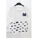 Cartoon Cat Pattern Short Sleeve Round Neck Pullover Loose Leisure T-Shirt