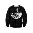 3D Moon Astronaut Pattern Round Neck Long Sleeve Chic Pullover Sweatshirt