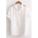 Simple Plain Round Neck Short Sleeve Bow Tie Front Cut Out Pullover Blouse