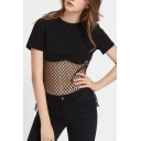 New Arrival Hollow Out Net Patchwork Short Sleeve Round Neck Tee
