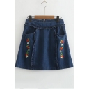 Strawberry Embroidered Petal Hem Zip Back Mini A-Line Denim Skirt