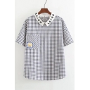 Letter Lapel Collar Short Sleeve Plaids Printed Pullover Blouse