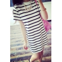 Leisure Striped Color Block Short Sleeve Round Neck Mini T-Shirt Dress