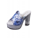 Women's Floral Printed Peep Toe Chunky Slippers
