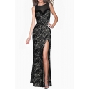 Sexy Sleeveless Mesh Patchwork Sheer Back Split Front Floral Pattern Maxi Bodycon Party Dress